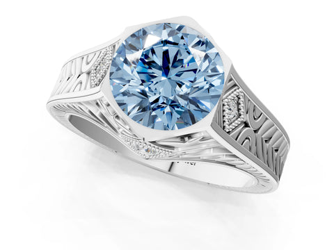 Platinum Hexagonal Bezel Fancy Blue Round Cut Diamond Engraved Band Prong Ring_37