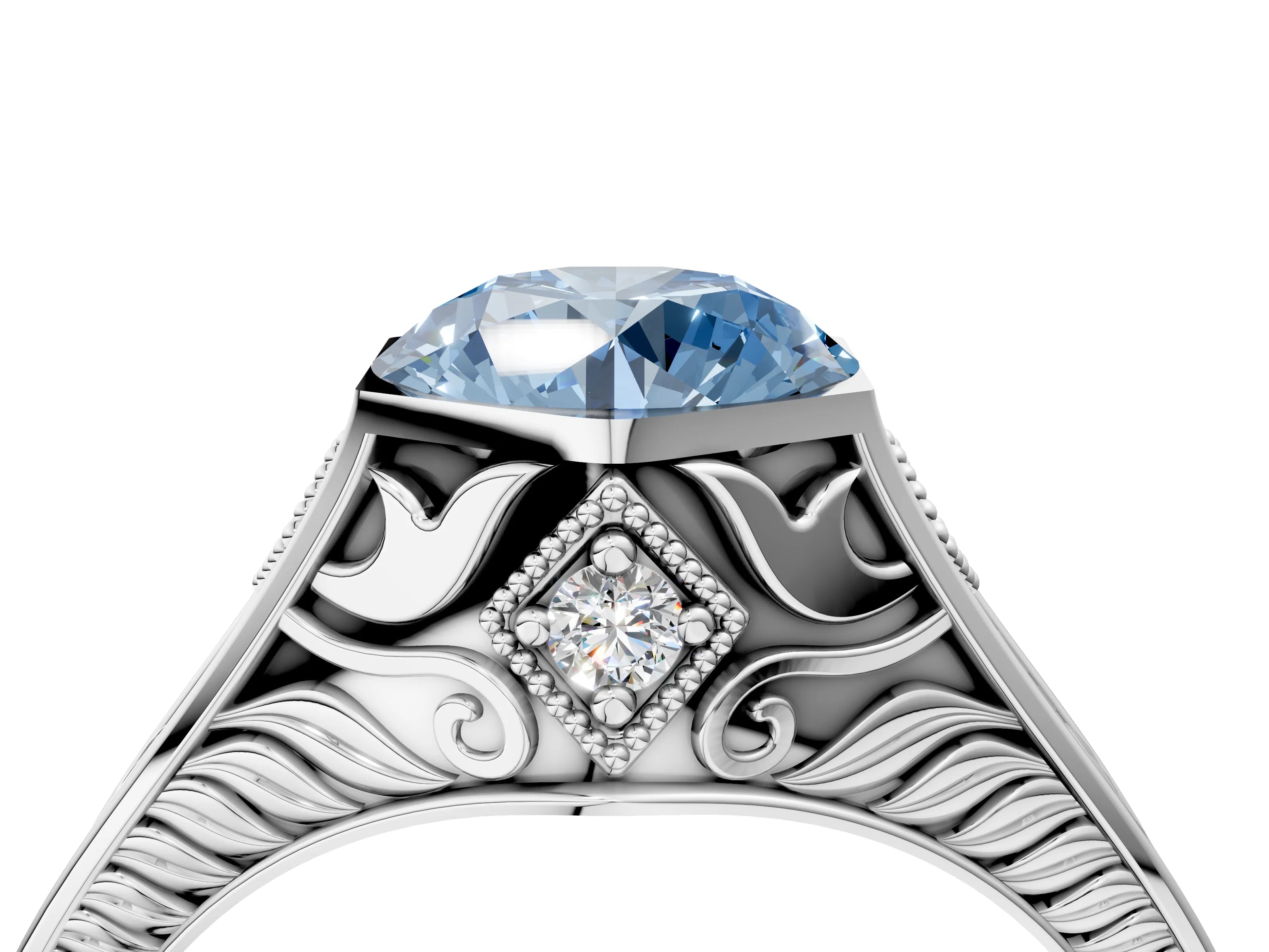 Platinum Hexagonal Bezel Fancy Blue Round Cut Diamond Engraved Band Prong Ring_40