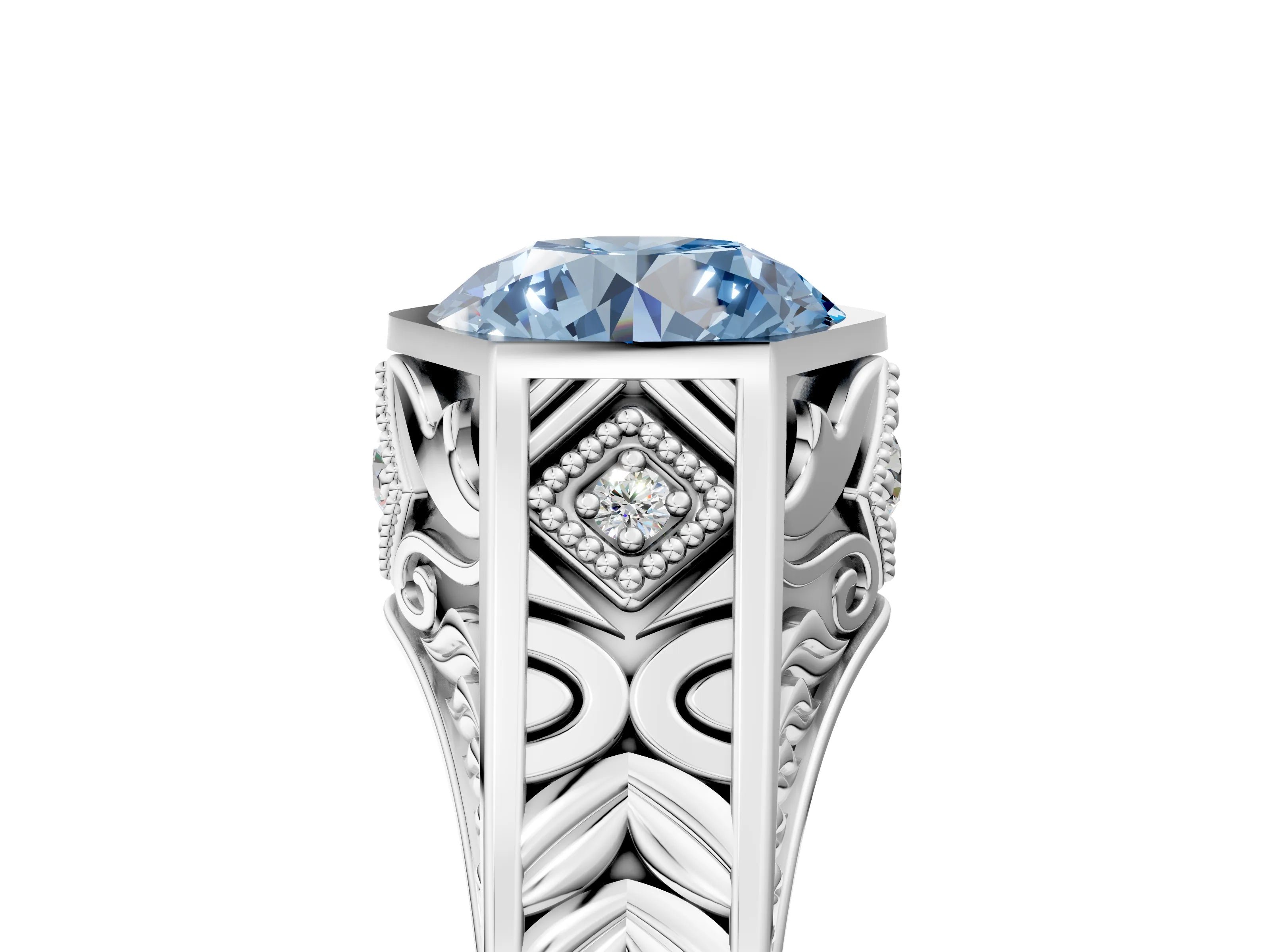 Platinum Hexagonal Bezel Fancy Blue Round Cut Diamond Engraved Band Prong Ring_41