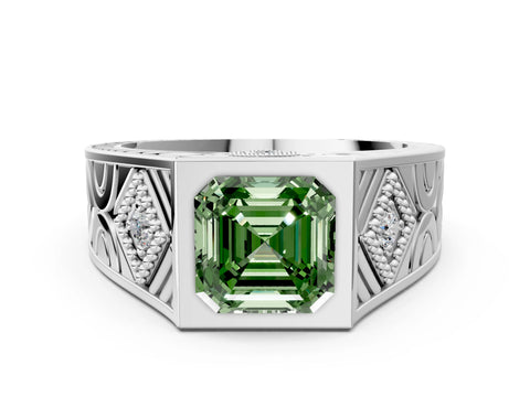 Platinum Hexagonal Bezel Fancy Green Asscher Cut Diamond Engraved Band Prong Ring_12