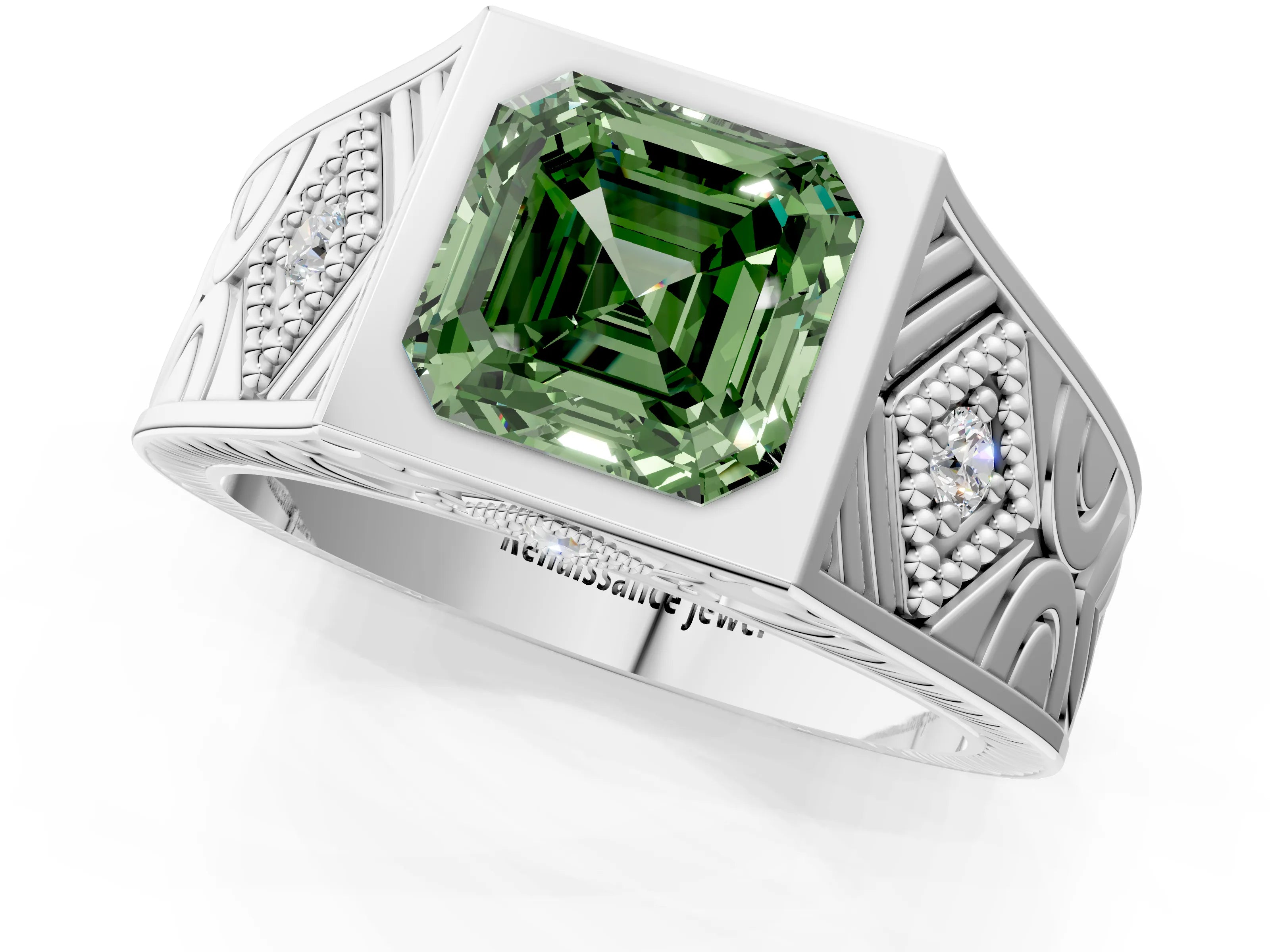 Platinum Hexagonal Bezel Fancy Green Asscher Cut Diamond Engraved Band Prong Ring_13