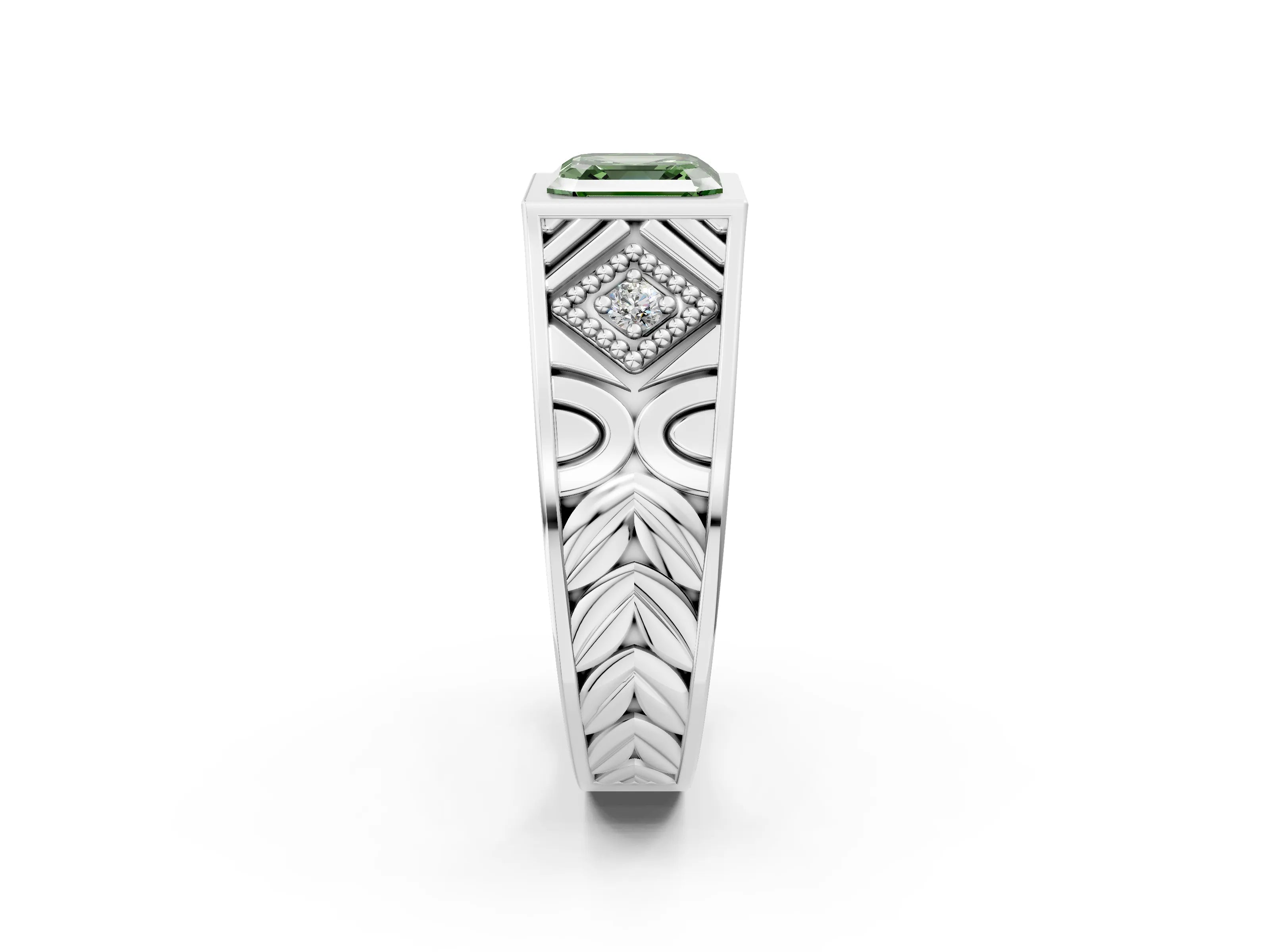 Platinum Hexagonal Bezel Fancy Green Asscher Cut Diamond Engraved Band Prong Ring_14