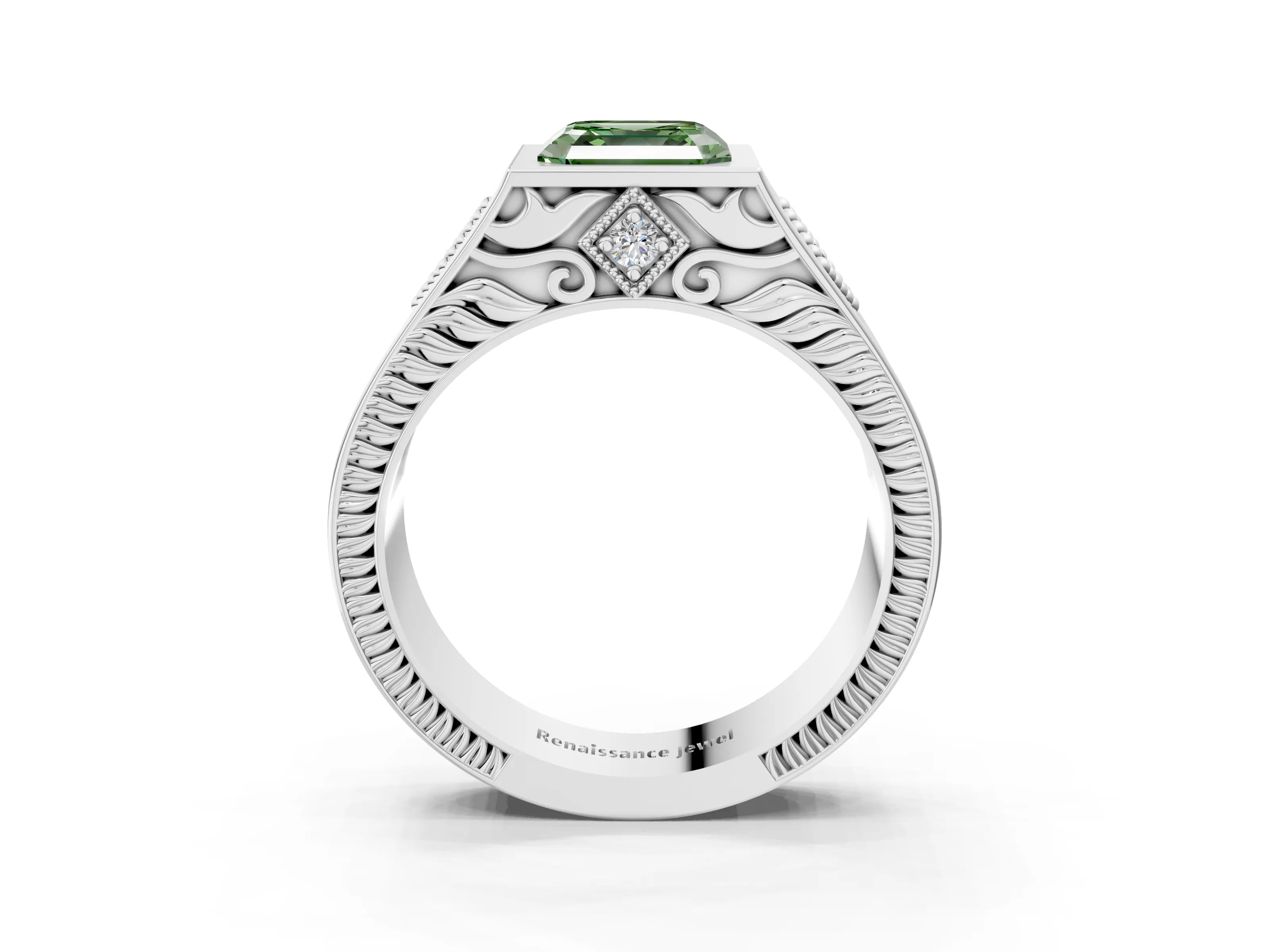 Platinum Hexagonal Bezel Fancy Green Asscher Cut Diamond Engraved Band Prong Ring_15