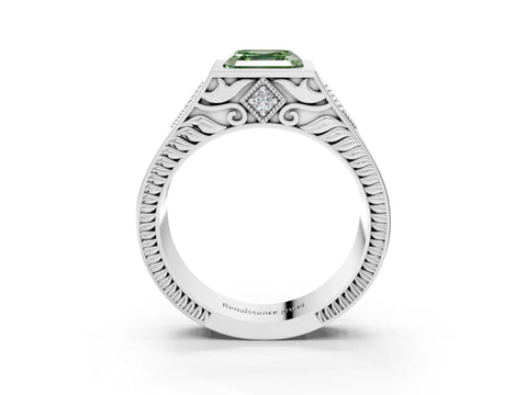 Platinum Hexagonal Bezel Fancy Green Asscher Cut Diamond Engraved Band Prong Ring_15