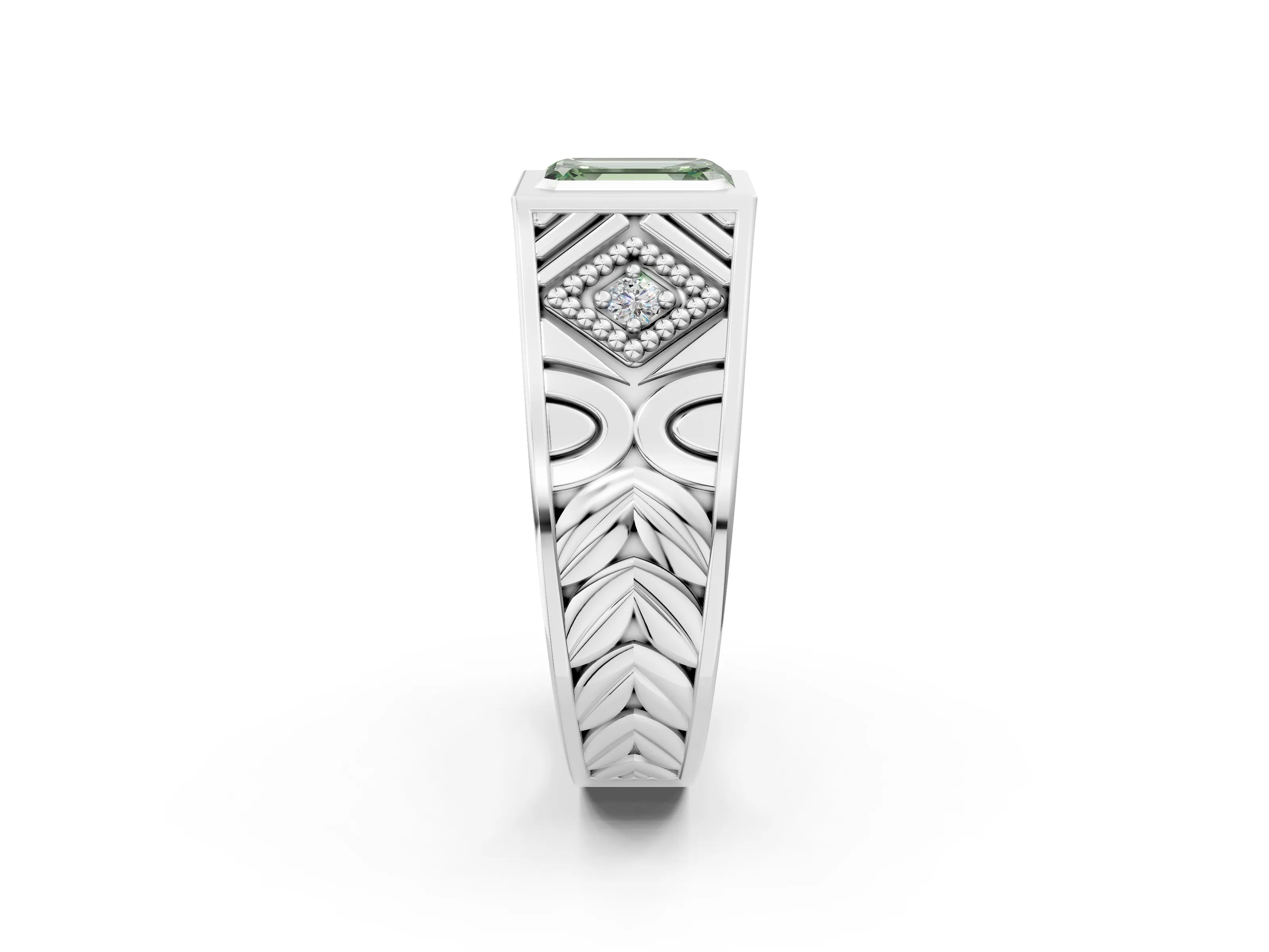 Platinum Hexagonal Bezel Fancy Green Emerald Cut Diamond Engraved Band Prong Ring_14