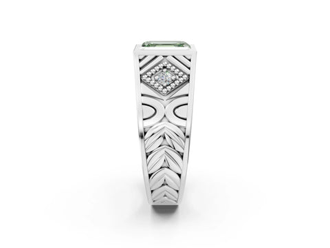 Platinum Hexagonal Bezel Fancy Green Emerald Cut Diamond Engraved Band Prong Ring_14