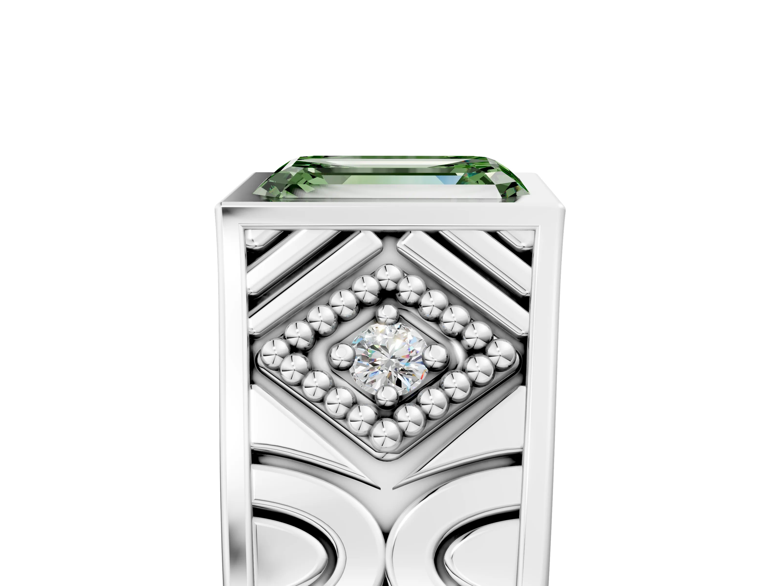 Platinum Hexagonal Bezel Fancy Green Emerald Cut Diamond Engraved Band Prong Ring_17
