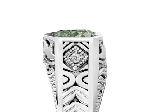 Platinum Hexagonal Bezel Fancy Green Heart Cut Diamond Engraved Band Prong Ring_83