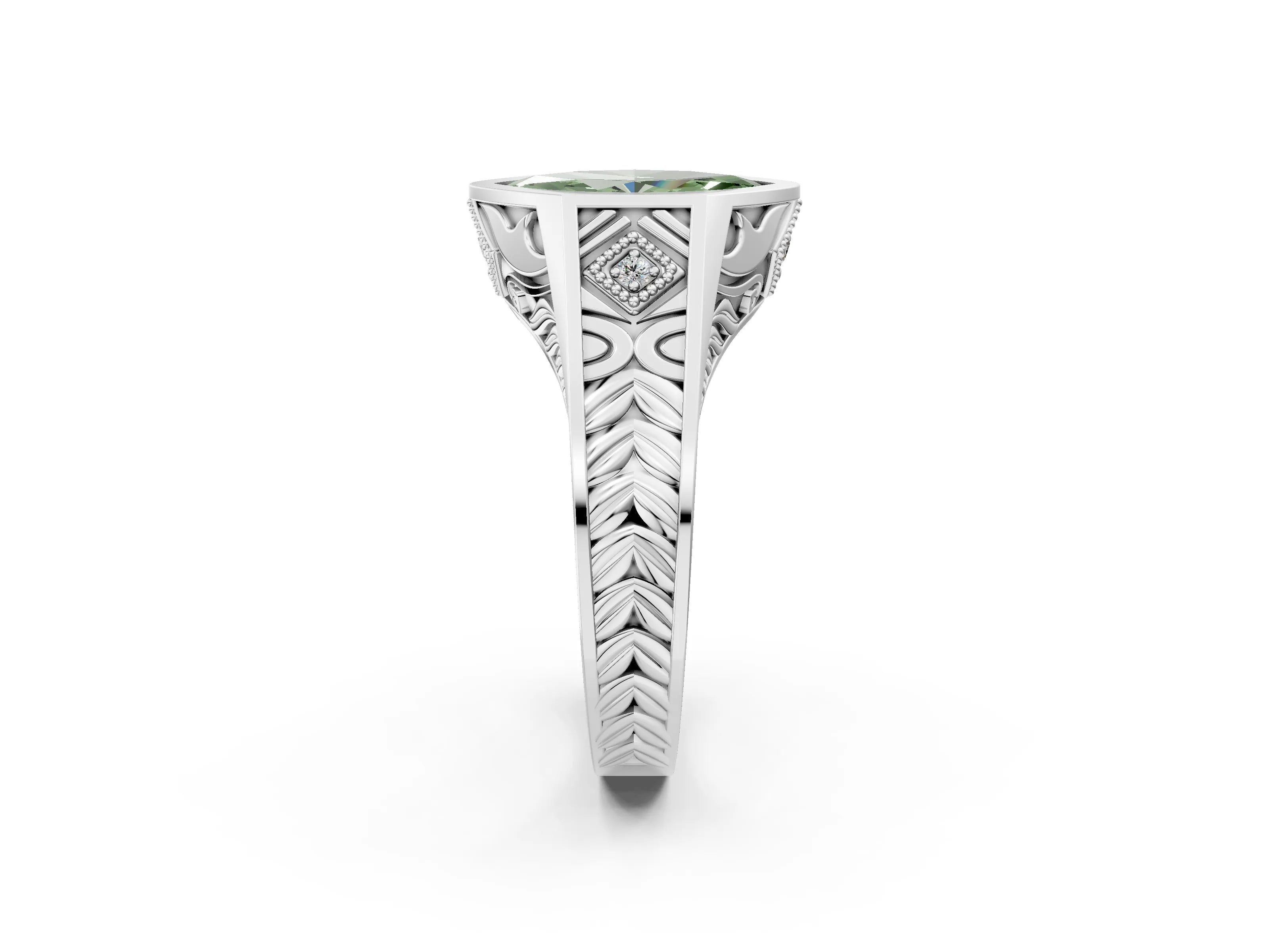 Platinum Hexagonal Bezel Fancy Green Marquise Cut Diamond Engraved Band Prong Ring_14