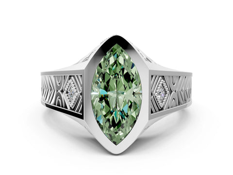 Platinum Hexagonal Bezel Fancy Green Marquise Cut Diamond Engraved Band Prong Ring_60
