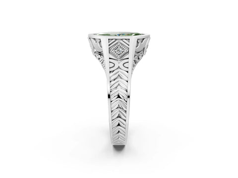 Platinum Hexagonal Bezel Fancy Green Marquise Cut Diamond Engraved Band Prong Ring_62
