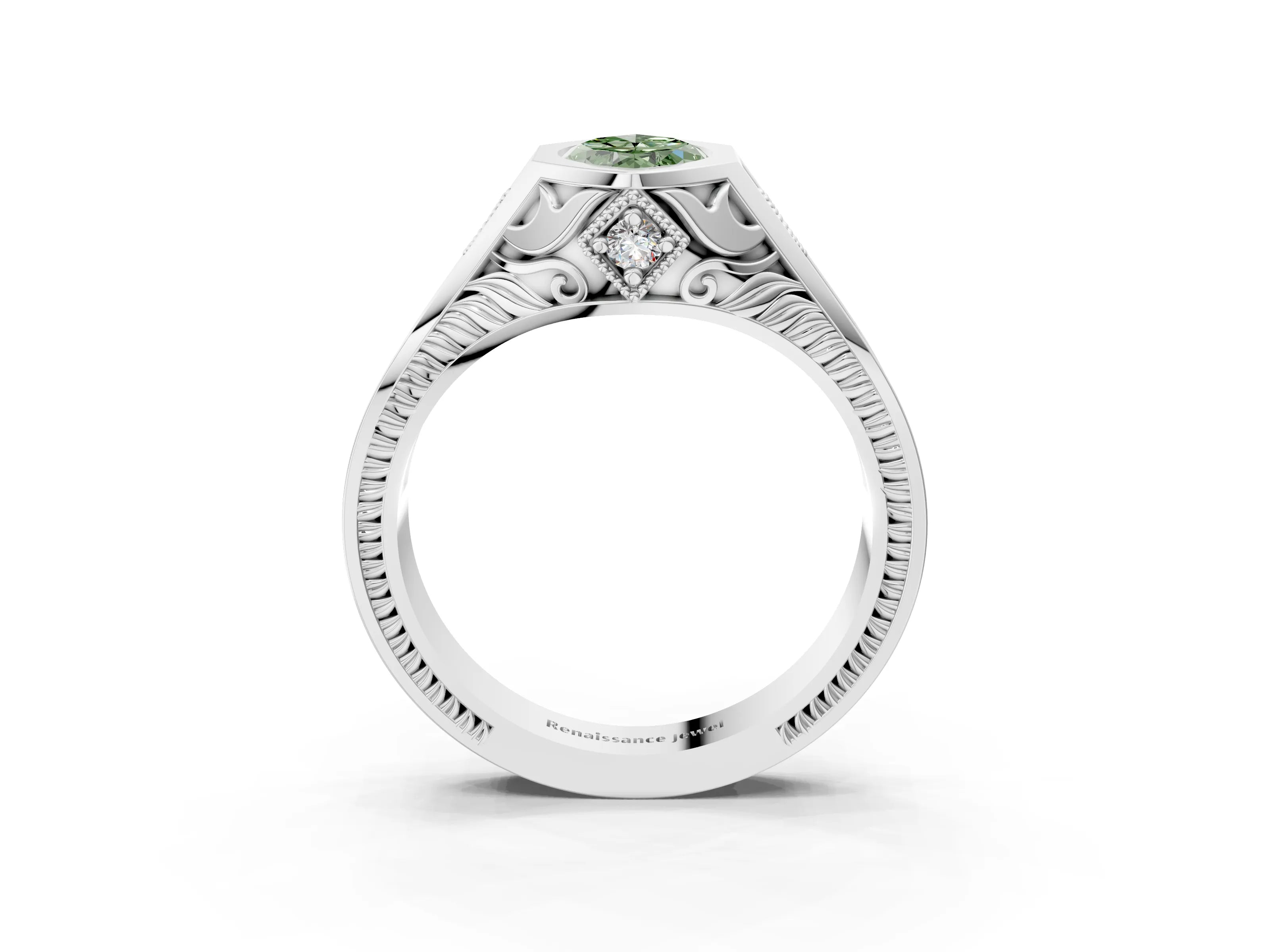 Platinum Hexagonal Bezel Fancy Green Marquise Cut Diamond Engraved Band Prong Ring_63