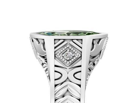 Platinum Hexagonal Bezel Fancy Green Marquise Cut Diamond Engraved Band Prong Ring_65