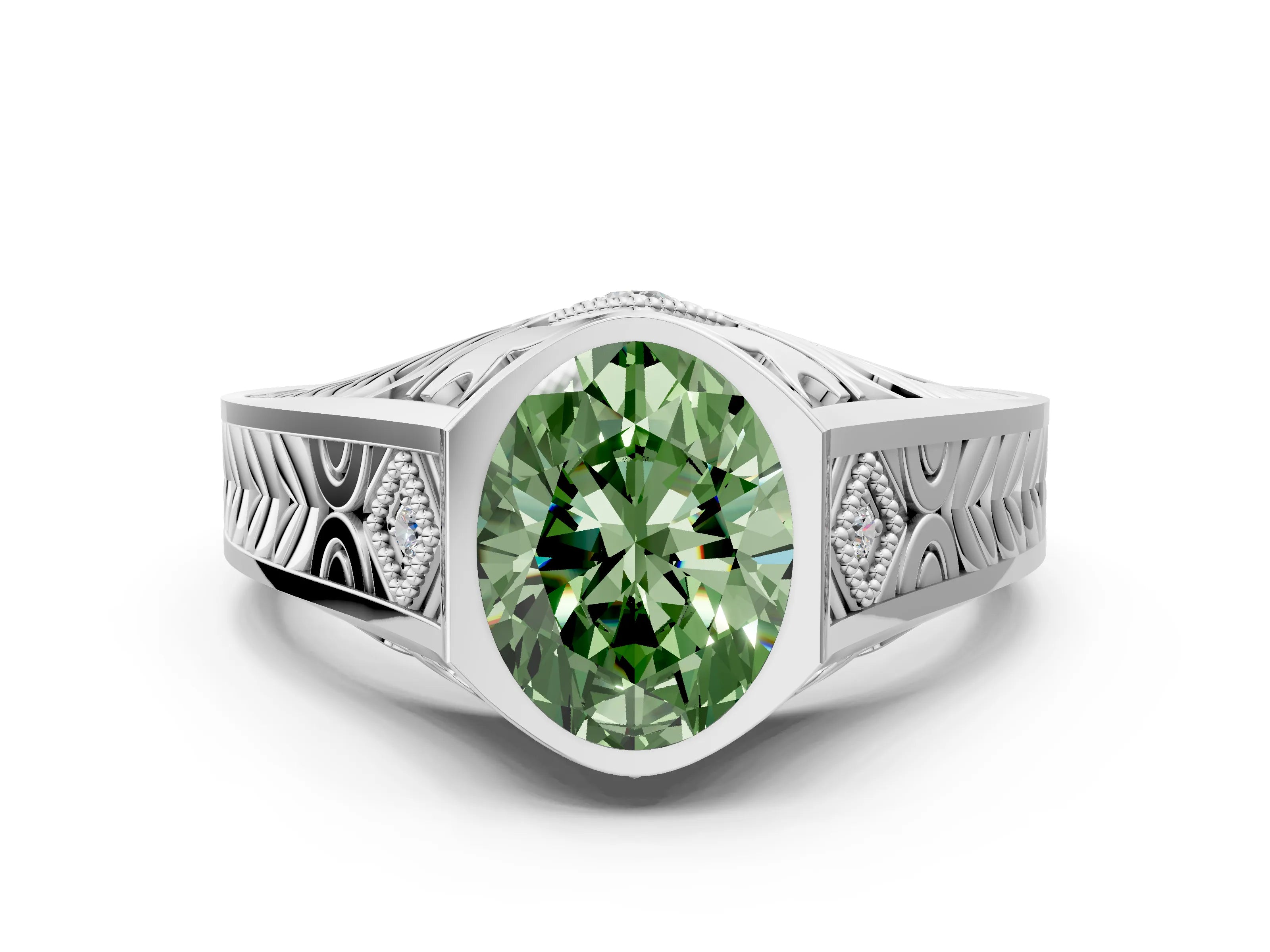 Platinum Hexagonal Bezel Fancy Green Oval Cut Diamond Engraved Band Prong Ring_12