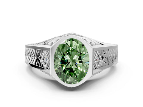 Platinum Hexagonal Bezel Fancy Green Oval Cut Diamond Engraved Band Prong Ring_12