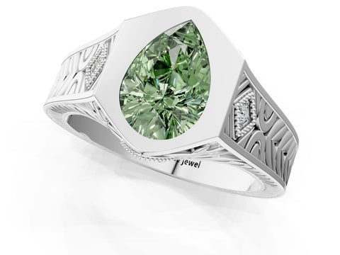 Platinum Hexagonal Bezel Fancy Green Pear Cut Diamond Engraved Band Prong Ring_13