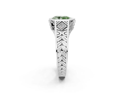 Platinum Hexagonal Bezel Fancy Green Pear Cut Diamond Engraved Band Prong Ring_14