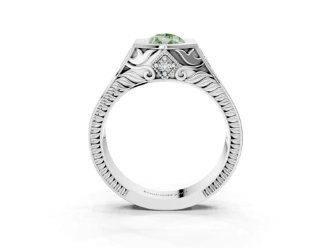 Platinum Hexagonal Bezel Fancy Green Pear Cut Diamond Engraved Band Prong Ring_15