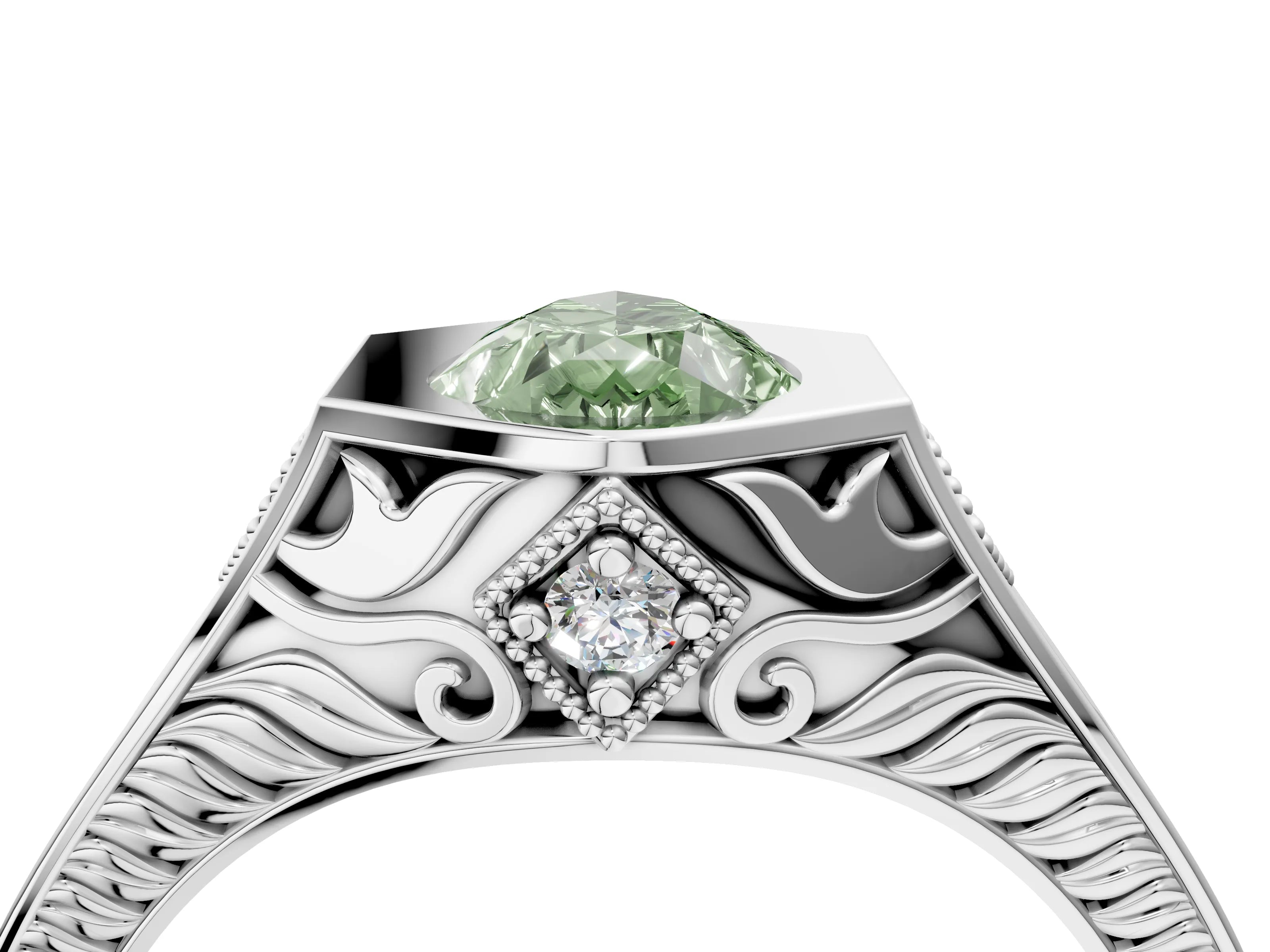 Platinum Hexagonal Bezel Fancy Green Pear Cut Diamond Engraved Band Prong Ring_16