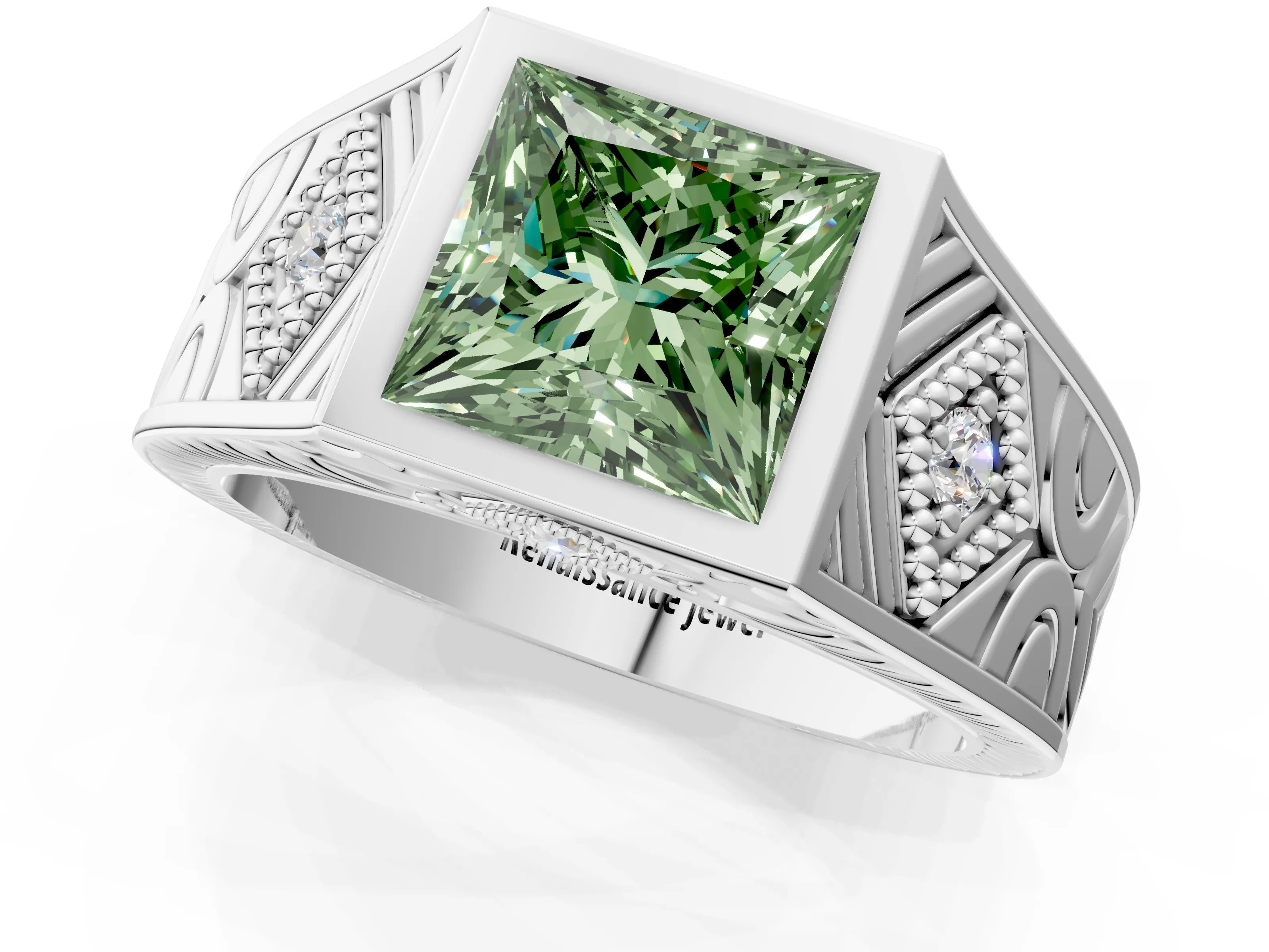 Platinum Hexagonal Bezel Fancy Green Princess Cut Diamond Engraved Band Prong Ring_13