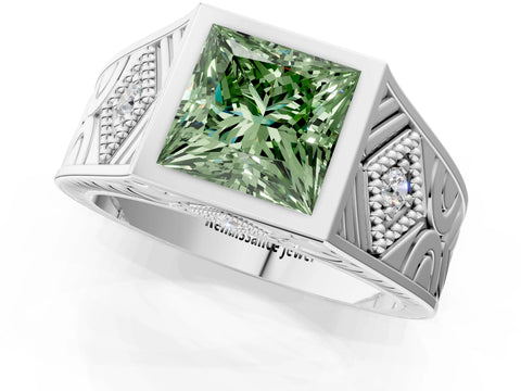 Platinum Hexagonal Bezel Fancy Green Princess Cut Diamond Engraved Band Prong Ring_13