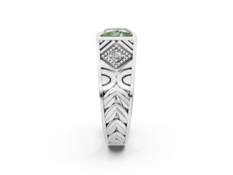 Platinum Hexagonal Bezel Fancy Green Princess Cut Diamond Engraved Band Prong Ring_14