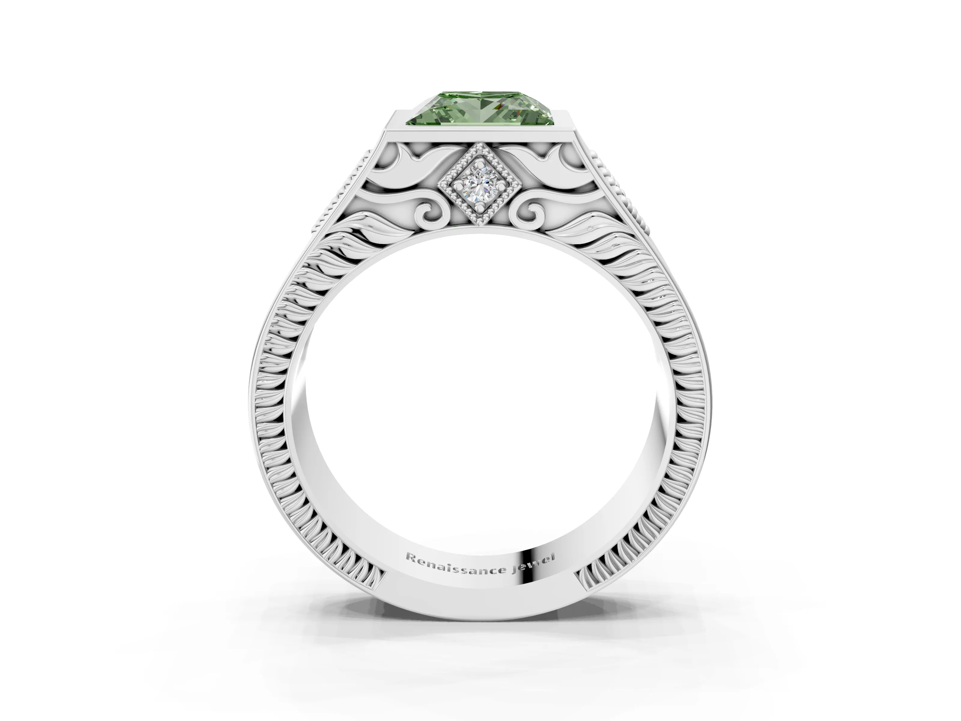 Platinum Hexagonal Bezel Fancy Green Princess Cut Diamond Engraved Band Prong Ring_15