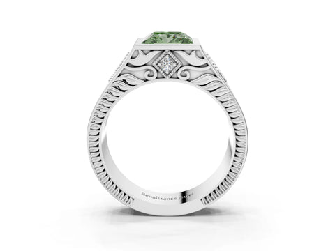 Platinum Hexagonal Bezel Fancy Green Princess Cut Diamond Engraved Band Prong Ring_15
