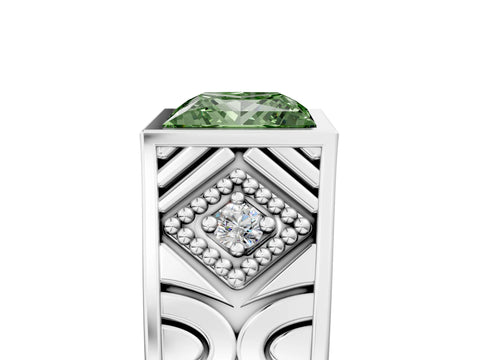 Platinum Hexagonal Bezel Fancy Green Princess Cut Diamond Engraved Band Prong Ring_17