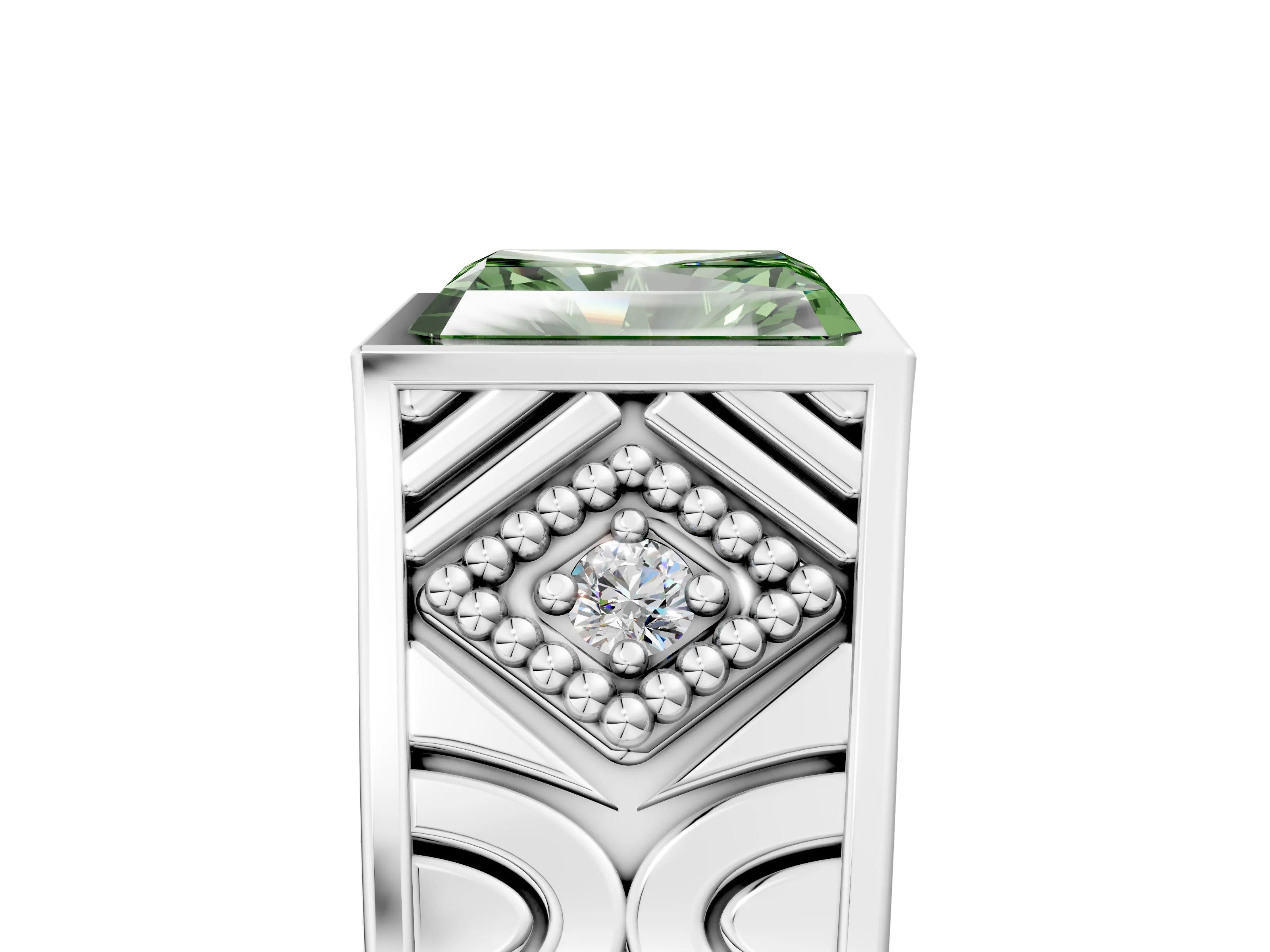 Platinum Hexagonal Bezel Fancy Green Radiant Cut Diamond Engraved Band Prong Ring_17