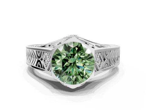 Platinum Hexagonal Bezel Fancy Green Round Cut Diamond Engraved Band Prong Ring_12
