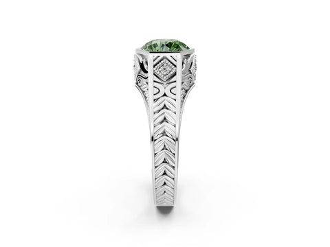 Platinum Hexagonal Bezel Fancy Green Round Cut Diamond Engraved Band Prong Ring_14