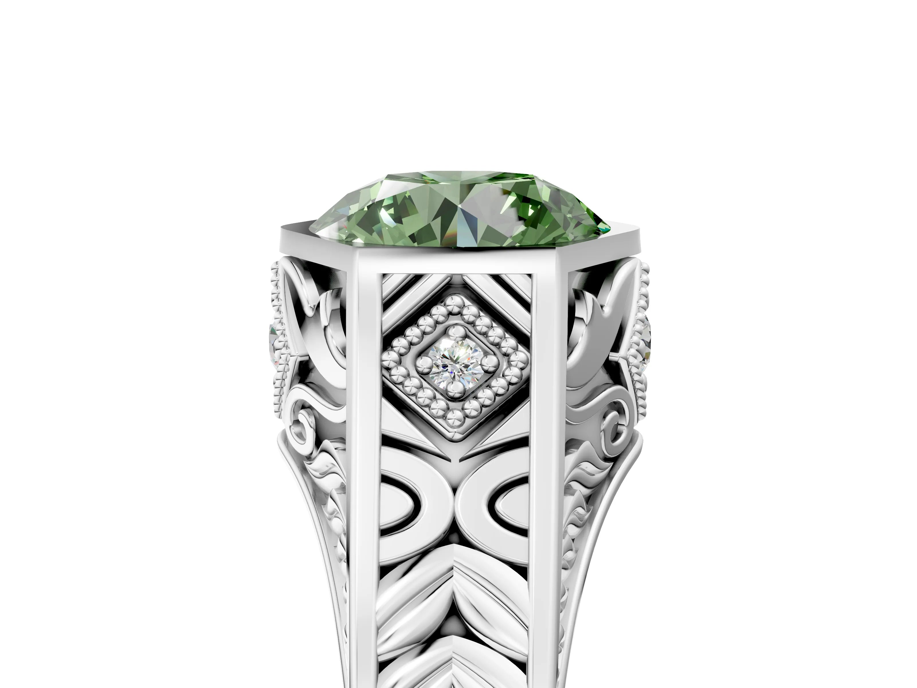 Platinum Hexagonal Bezel Fancy Green Round Cut Diamond Engraved Band Prong Ring_17