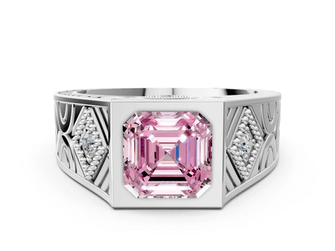 Platinum Hexagonal Bezel Fancy Pink Asscher Cut Diamond Engraved Band Prong Ring_12