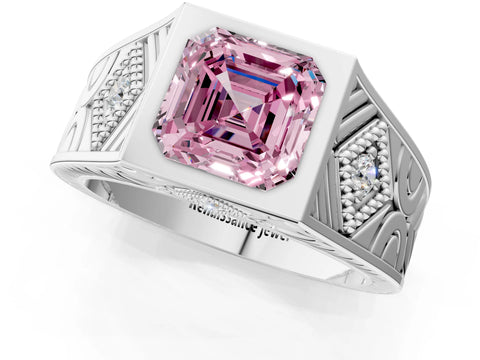 Platinum Hexagonal Bezel Fancy Pink Asscher Cut Diamond Engraved Band Prong Ring_13