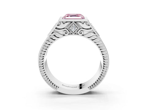 Platinum Hexagonal Bezel Fancy Pink Asscher Cut Diamond Engraved Band Prong Ring_15