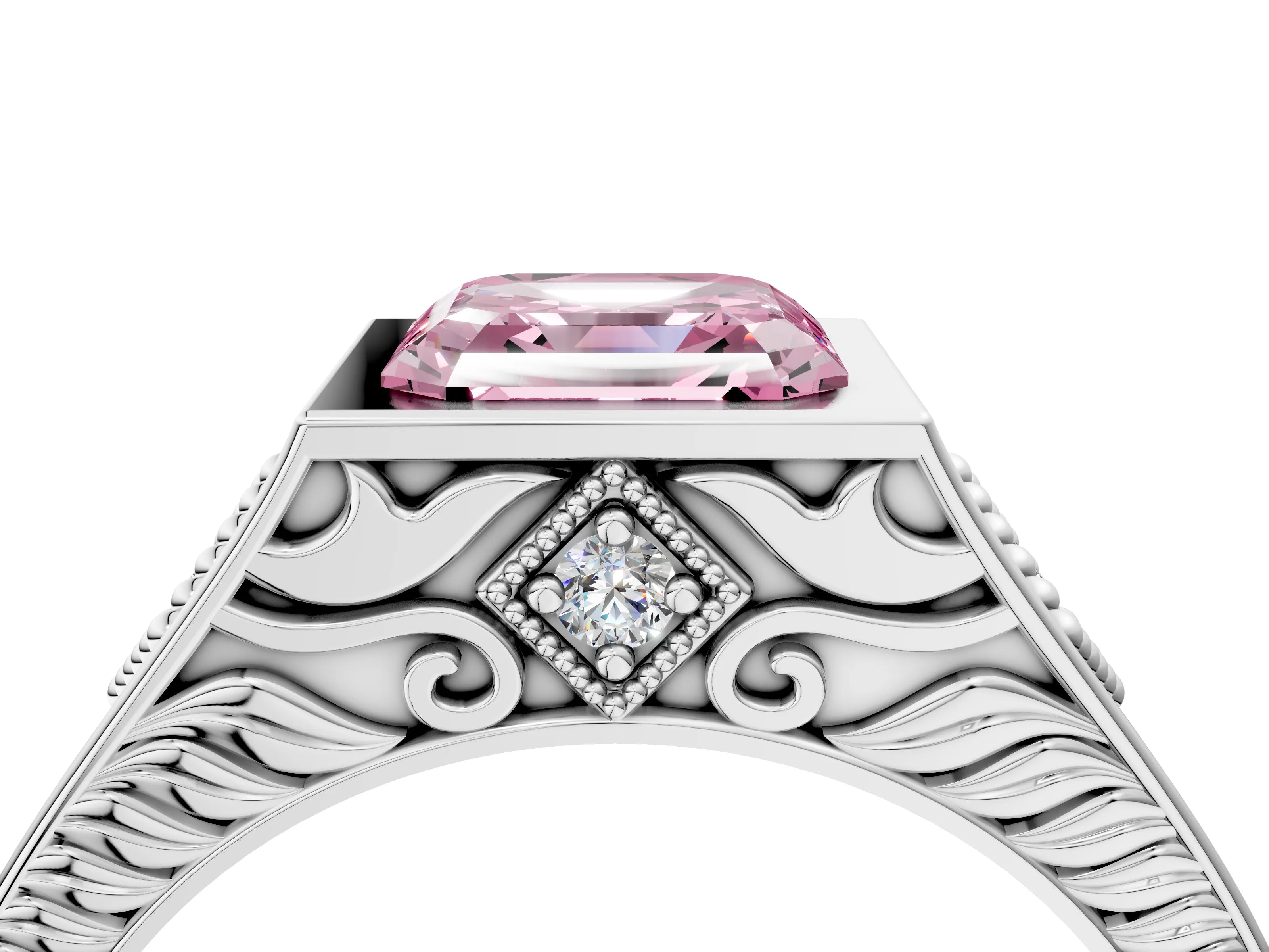 Platinum Hexagonal Bezel Fancy Pink Asscher Cut Diamond Engraved Band Prong Ring_16
