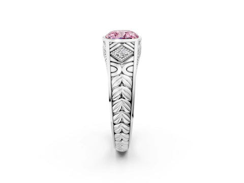 Platinum Hexagonal Bezel Fancy Pink Cushion Cut Diamond Engraved Band Prong Ring_38