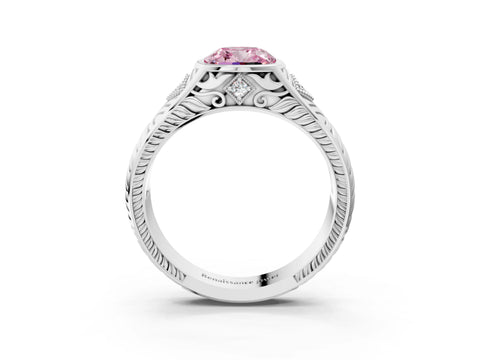 Platinum Hexagonal Bezel Fancy Pink Cushion Cut Diamond Engraved Band Prong Ring_39