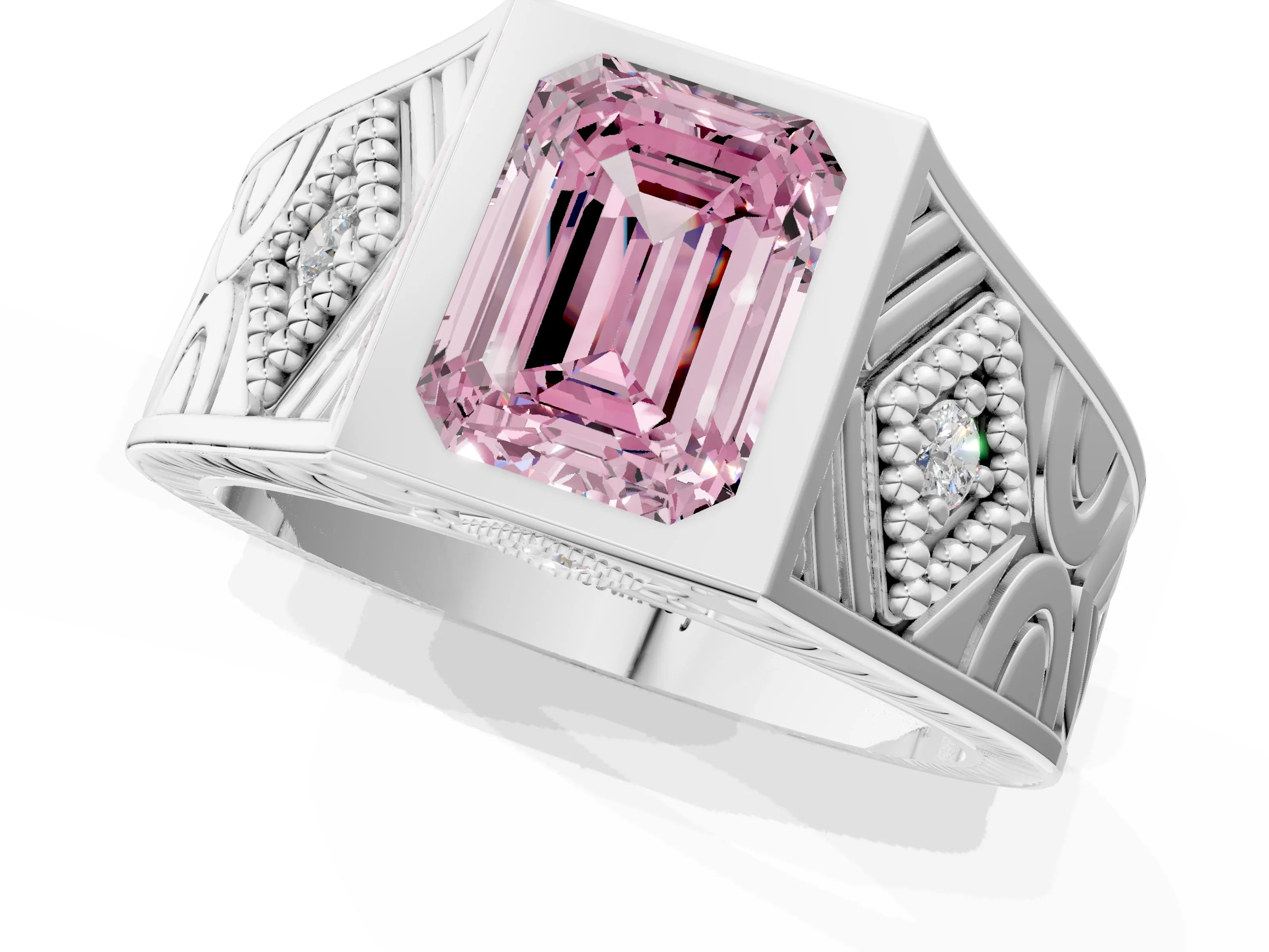 Platinum Hexagonal Bezel Fancy Pink Emerald Cut Diamond Engraved Band Prong Ring_37