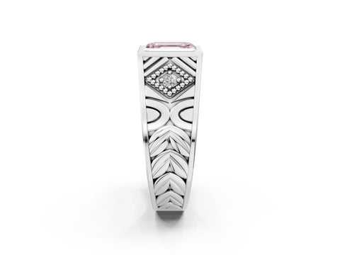 Platinum Hexagonal Bezel Fancy Pink Emerald Cut Diamond Engraved Band Prong Ring_38
