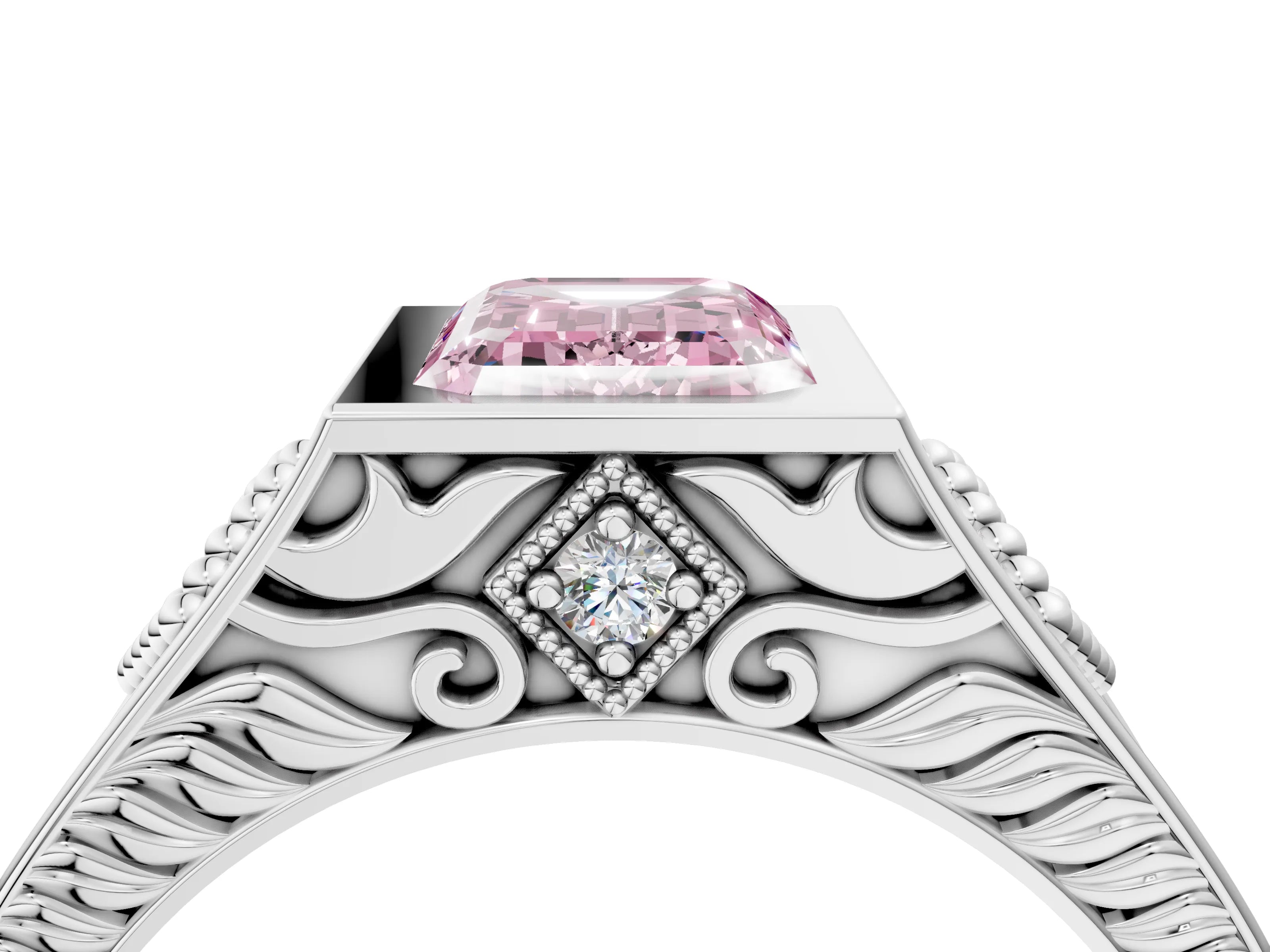 Platinum Hexagonal Bezel Fancy Pink Emerald Cut Diamond Engraved Band Prong Ring_40