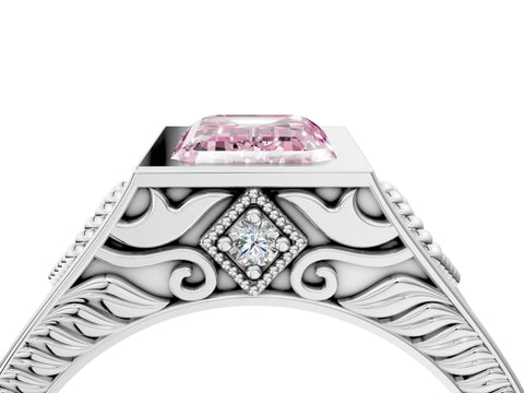 Platinum Hexagonal Bezel Fancy Pink Emerald Cut Diamond Engraved Band Prong Ring_40
