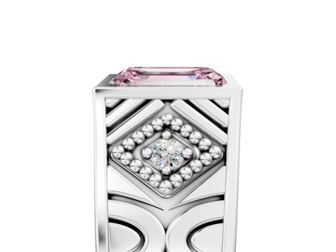 Platinum Hexagonal Bezel Fancy Pink Emerald Cut Diamond Engraved Band Prong Ring_41