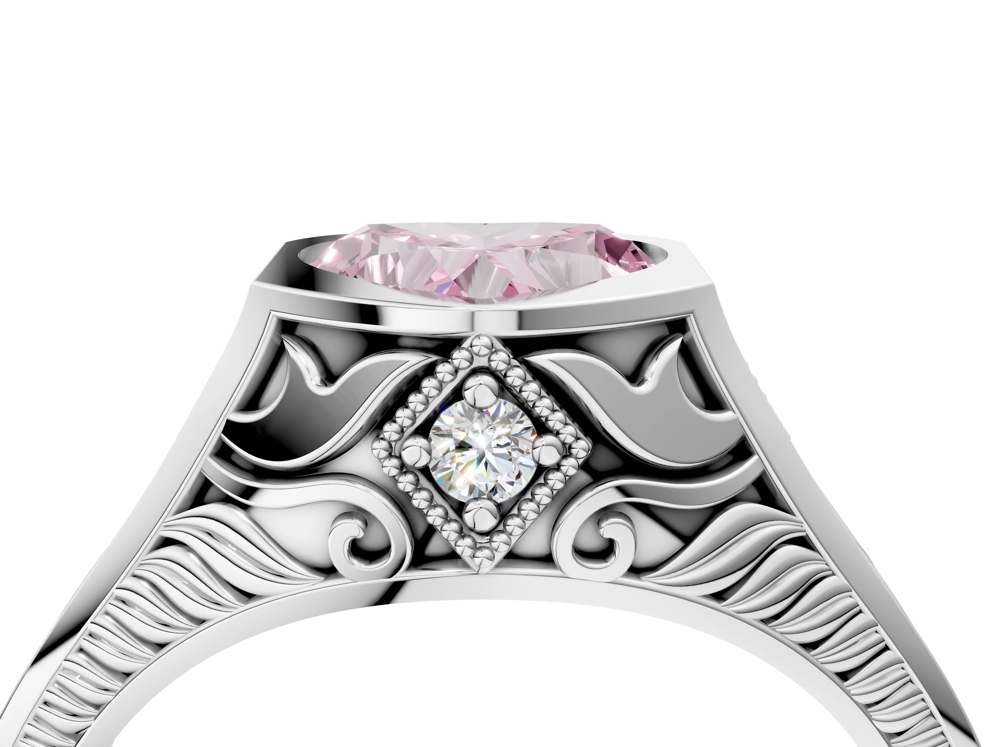 Platinum Hexagonal Bezel Fancy Pink Heart Cut Diamond Engraved Band Prong Ring_10