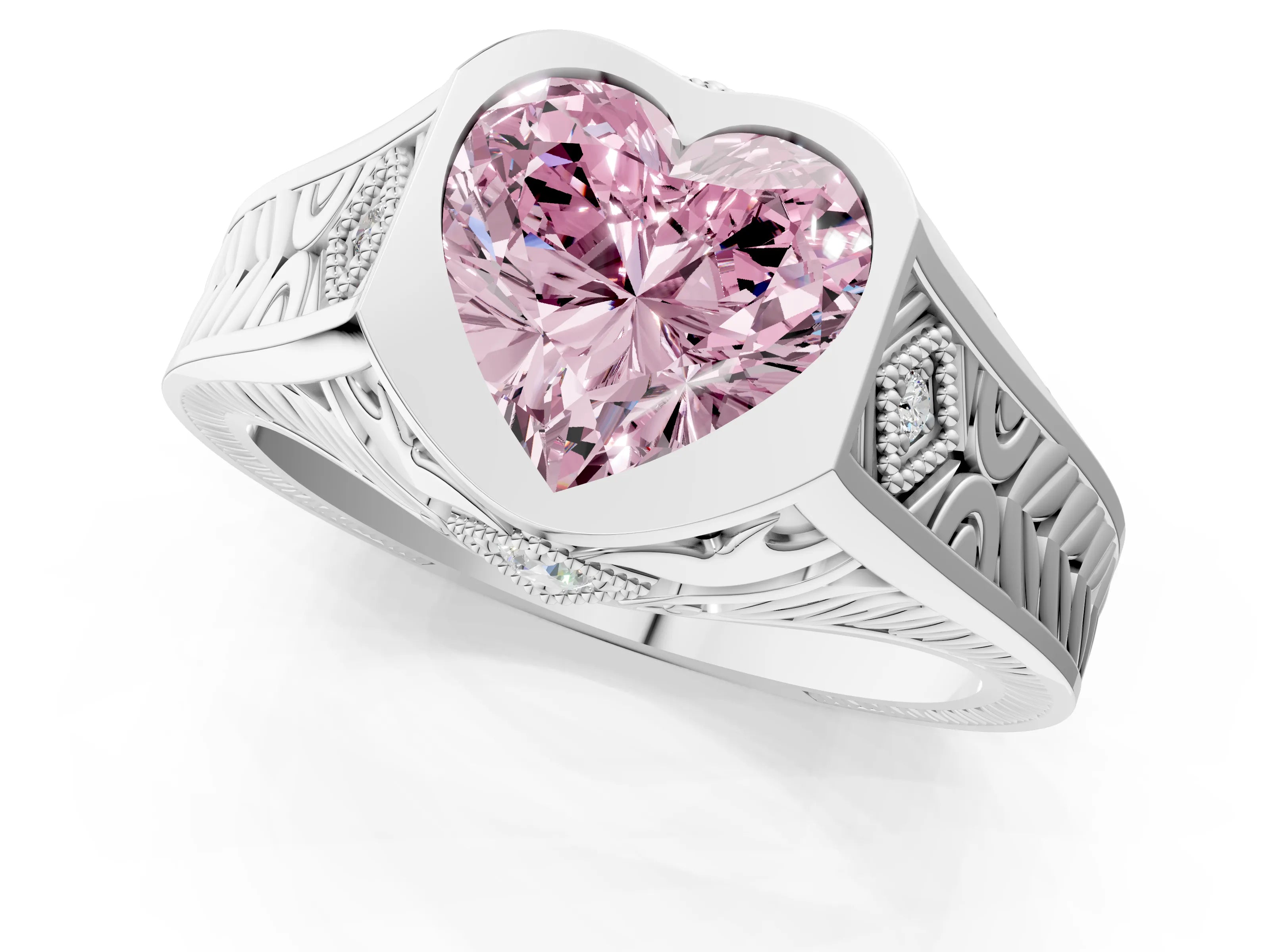 Platinum Hexagonal Bezel Fancy Pink Heart Cut Diamond Engraved Band Prong Ring_7