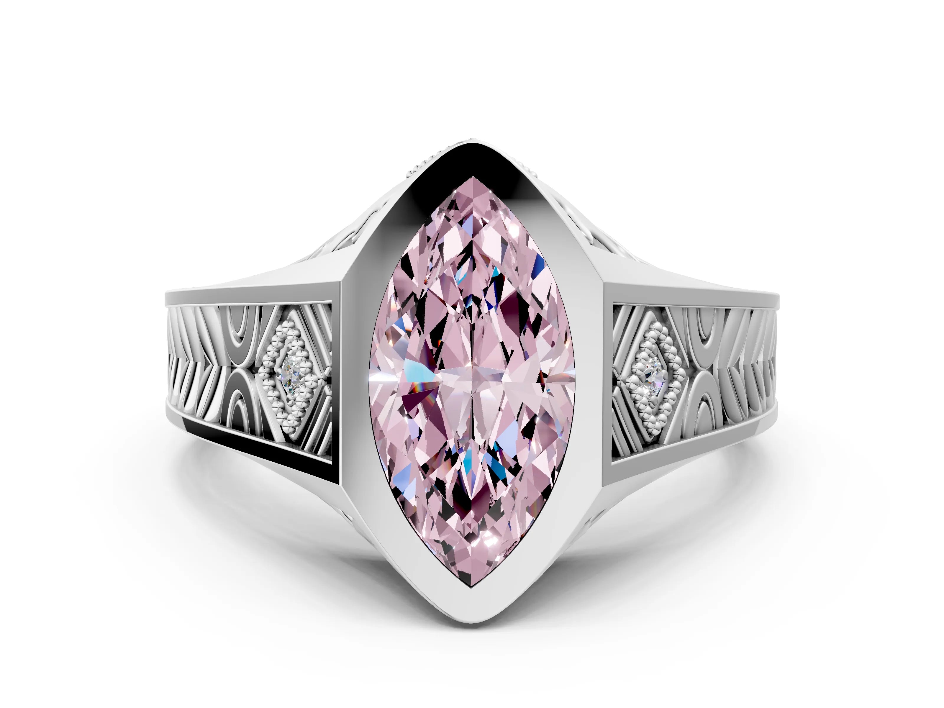 Platinum Hexagonal Bezel Fancy Pink Marquise Cut Diamond Engraved Band Prong Ring_36