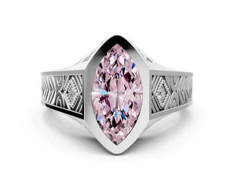 Platinum Hexagonal Bezel Fancy Pink Marquise Cut Diamond Engraved Band Prong Ring_36