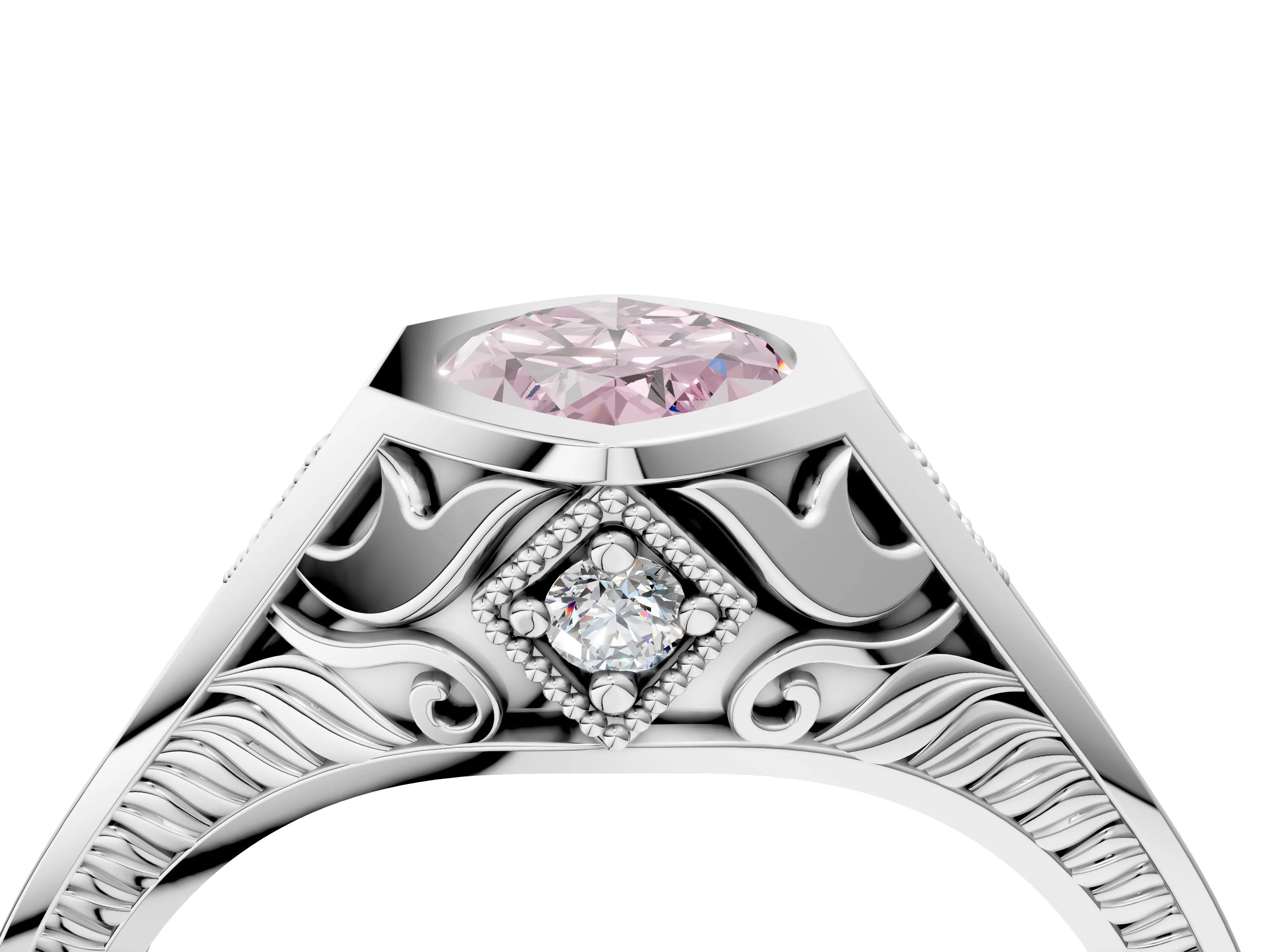 Platinum Hexagonal Bezel Fancy Pink Marquise Cut Diamond Engraved Band Prong Ring_40