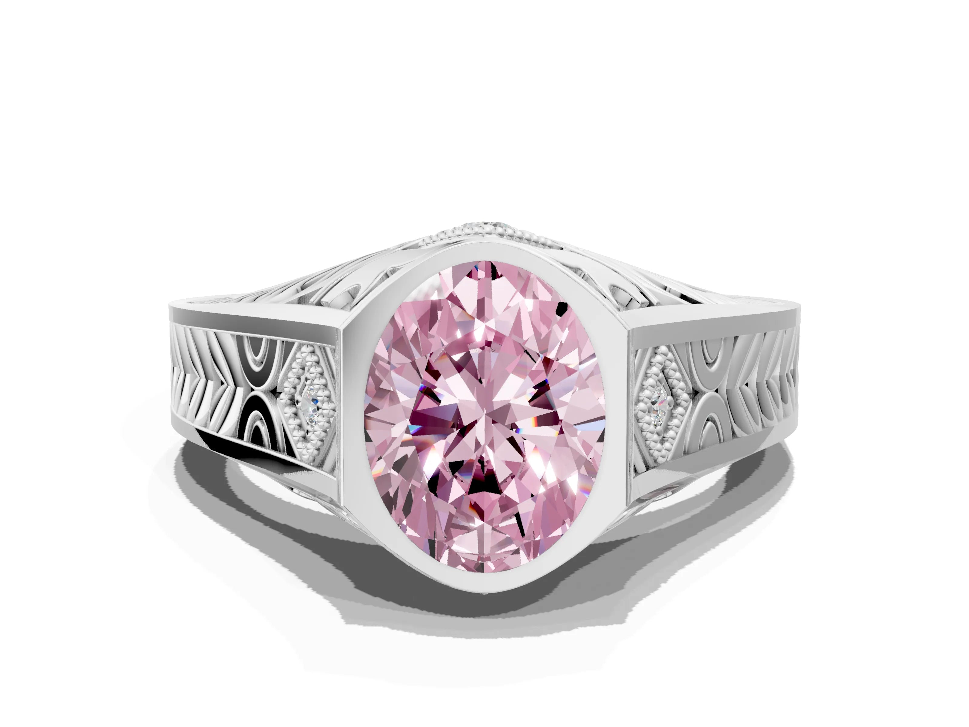 Platinum Hexagonal Bezel Fancy Pink Oval Cut Diamond Engraved Band Prong Ring_12
